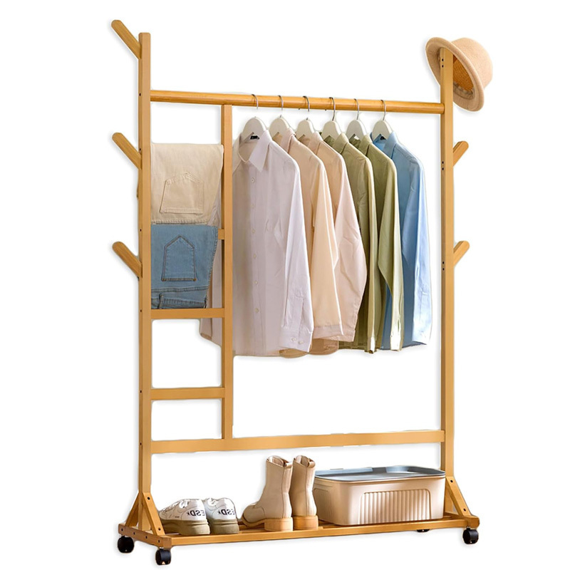 Bamboo Clothing Rack Stand Shoe Clothing Storage Organizer Shelves with 6 Hooks for Entryway Bedroom