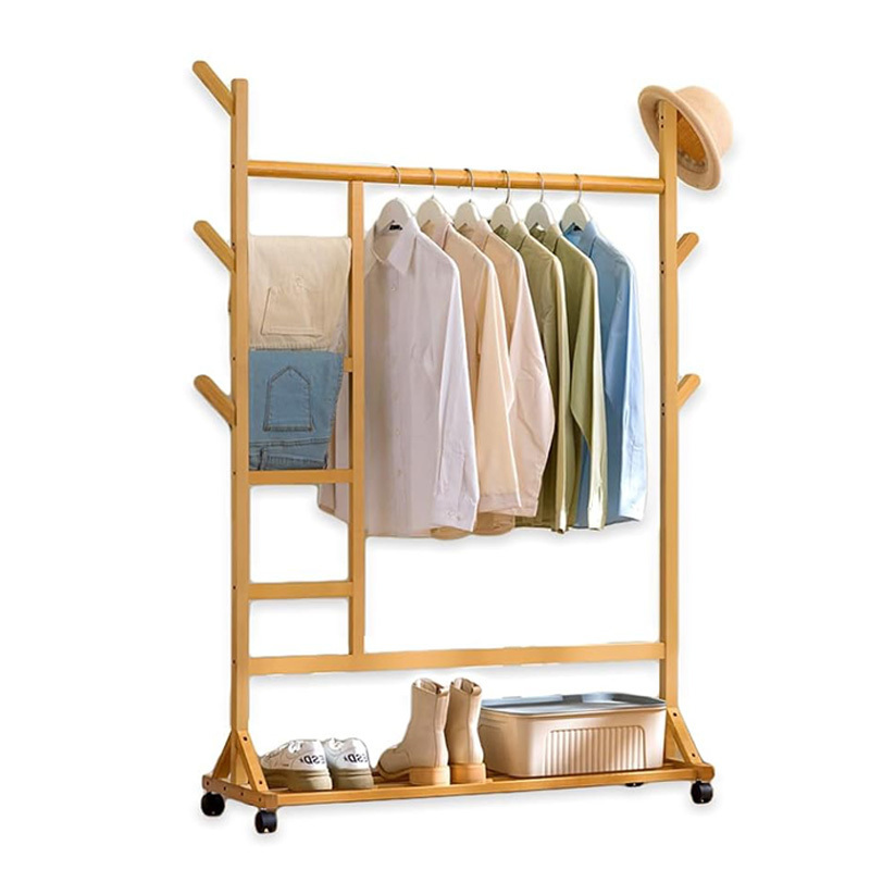 Bamboo Clothing Rack Stand Shoe Clothing Storage Organizer Shelves with 6 Hooks for Entryway Bedroom