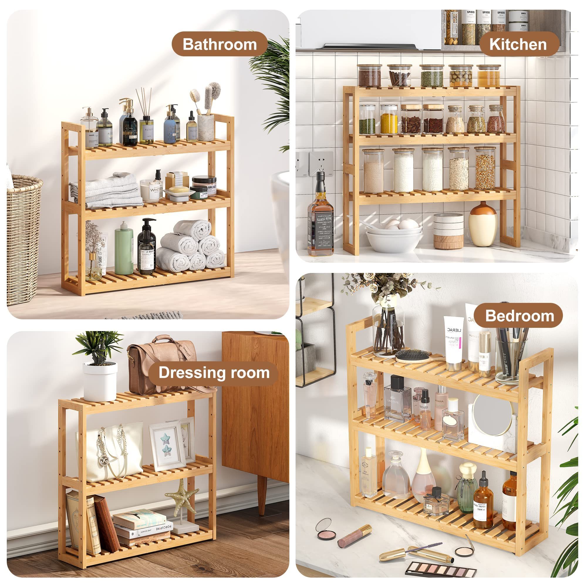 Adjustable 3-Tier Storage Shelf Wall Mounted Storage Rack Bathroom Shelf Bamboo Organizer Rack The Toilet Utility Shelves Living