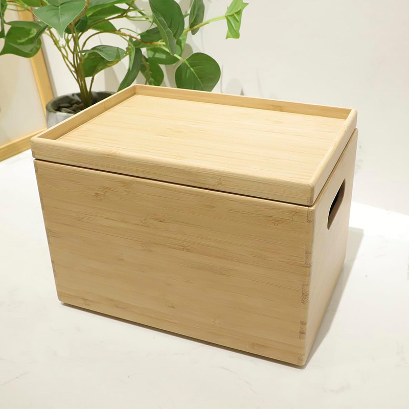 Lidded Stackable Bamboo Storage Cube/Basket/Bins Organizer, Storage Box w/Handles for Home Kitchen Clothes