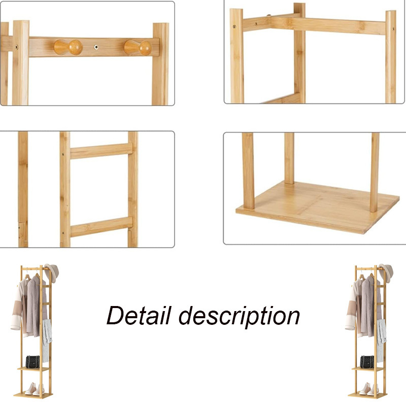 Bamboo Clothes Hanger Stand: Wood Cloth Rack with 3 Hanging Hooks and 2 Tier Shoe and Bag Storage Shelves Free Standing Coat