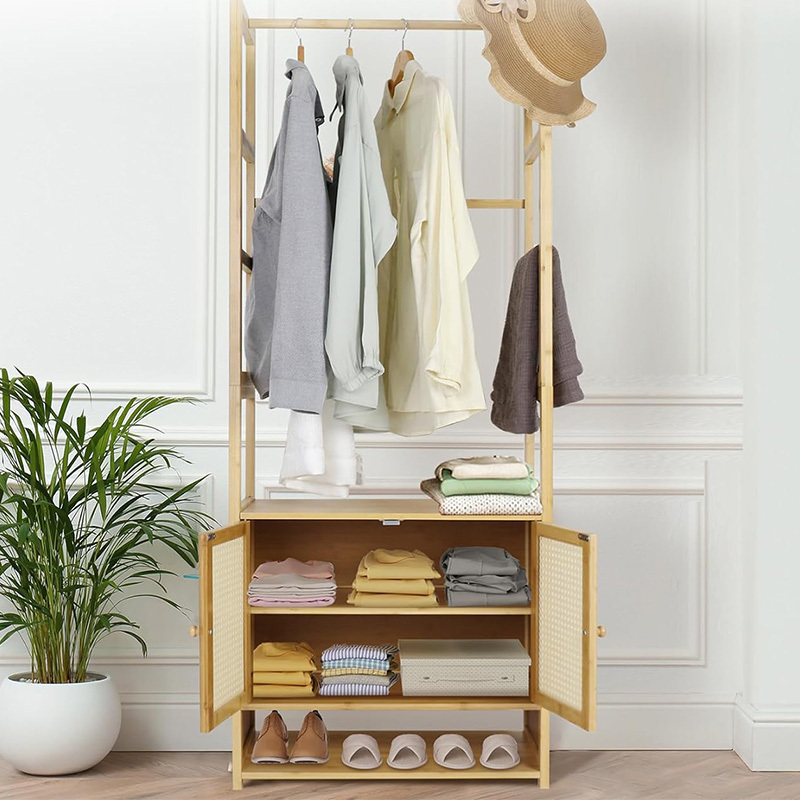 Bamboo Clothes Hanging Stand: Tall Bathroom Storage Cabinet Bamboo Storage Tall Slim Cabinet with Shutter Garment Rack