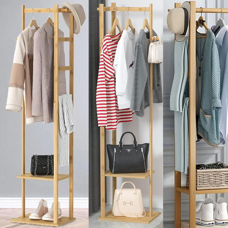 Bamboo Clothes Hanger Stand: Wood Cloth Rack with 3 Hanging Hooks and 2 Tier Shoe and Bag Storage Shelves Free Standing Coat