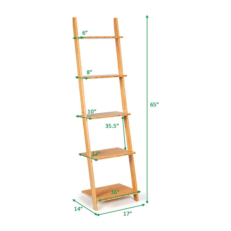 Modern Bamboo Ladder Shelf 5 Tier Bookcase Organizer Free Standing Wooden Plant Display Rack for Home Office