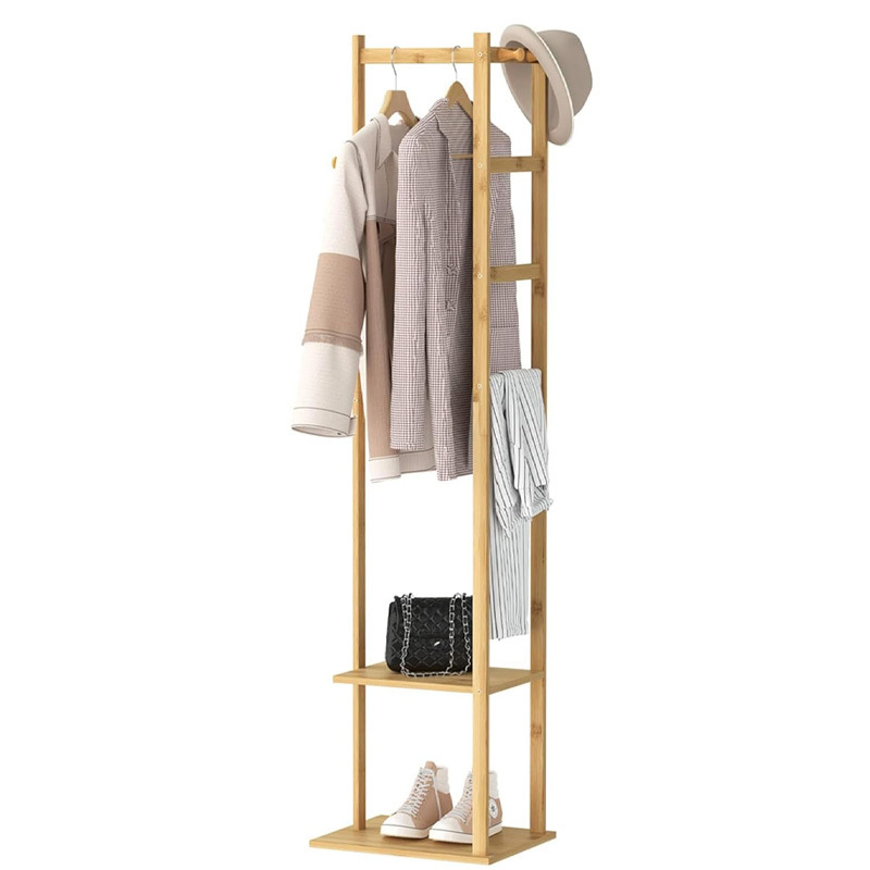 Bamboo Clothes Hanger Stand: Wood Cloth Rack with 3 Hanging Hooks and 2 Tier Shoe and Bag Storage Shelves Free Standing Coat