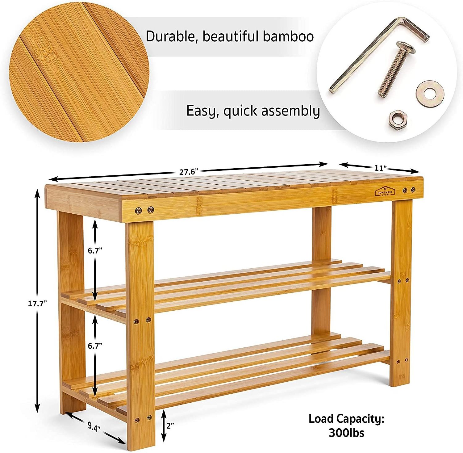 Bamboo 3 Tier Shoe Rack Small Bench, Outdoor Shoe Rack Weatherproof - Shoe Rack with Bench, Bathroom Bench