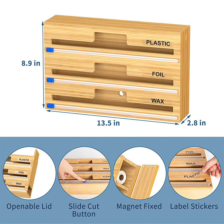 Custom Wall Mounted Bamboo Wooden Stretch Cling Wrap Dispenser Kitchen Drawer Ziplock Bag Storage Organizer Box with Cutter