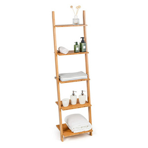 Modern Bamboo Ladder Shelf 5 Tier Bookcase Organizer Free Standing Wooden Plant Display Rack for Home Office