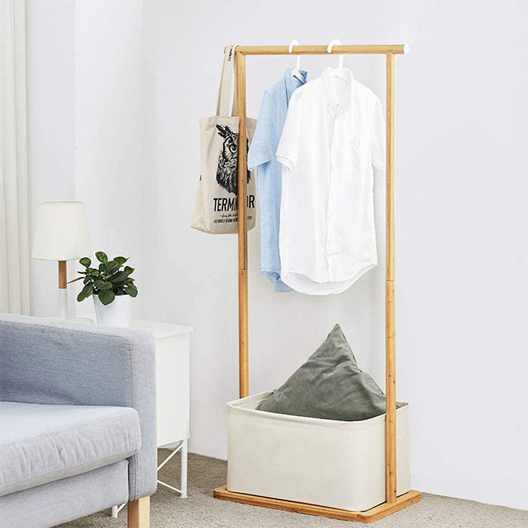 Customized Free Floor standing Bamboo Wood Laundry Basket Storage Shelf Clothes Rack Stand