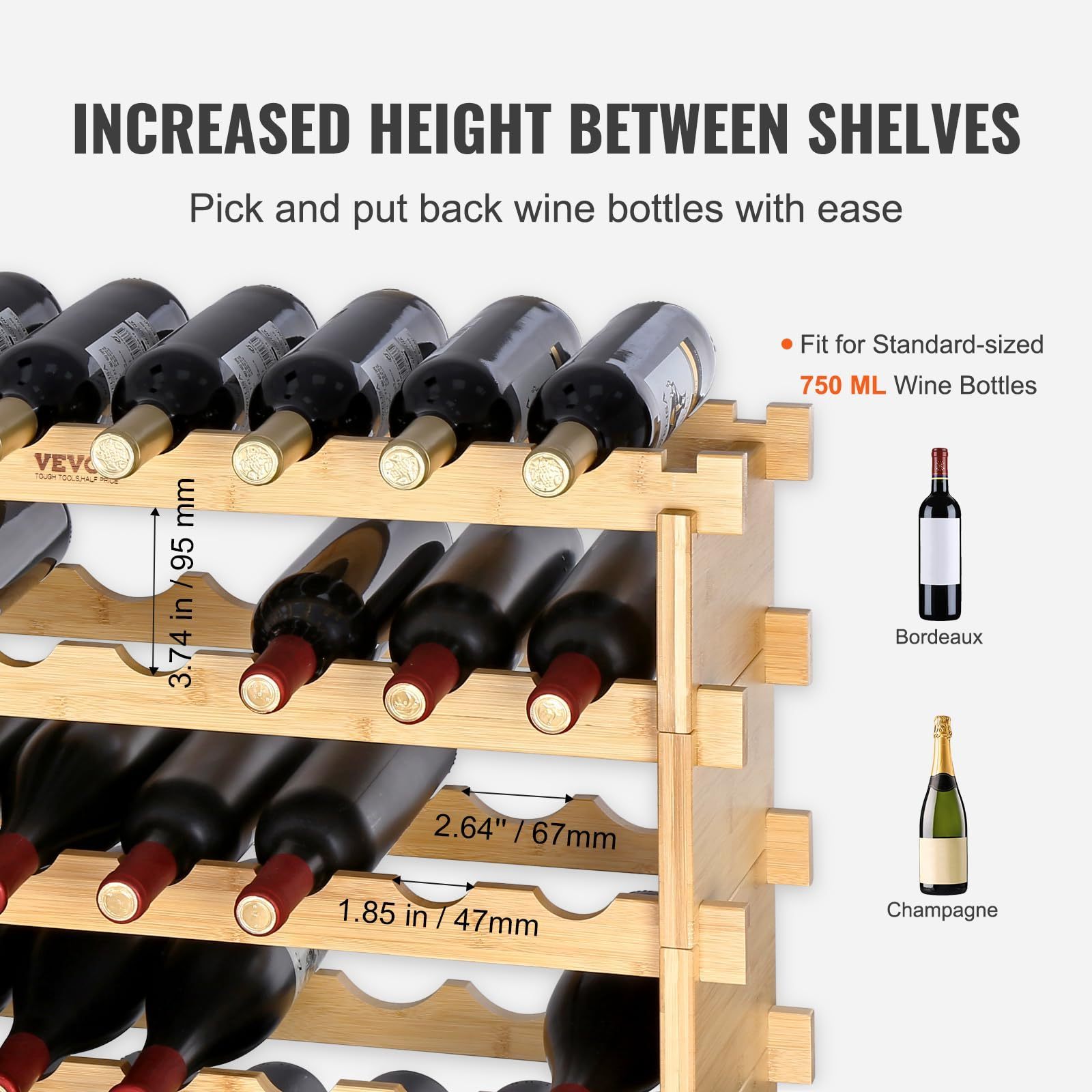 Bottle Stackable Modular Wine Rack, 6-Tier Solid Bamboo Wood Storage Racks, Floor Freestanding Wines Holder Display Shelf