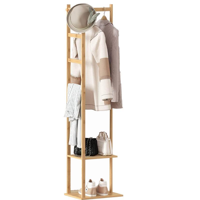 Bamboo Clothes Hanger Stand: Wood Cloth Rack with 3 Hanging Hooks and 2 Tier Shoe and Bag Storage Shelves Free Standing Coat