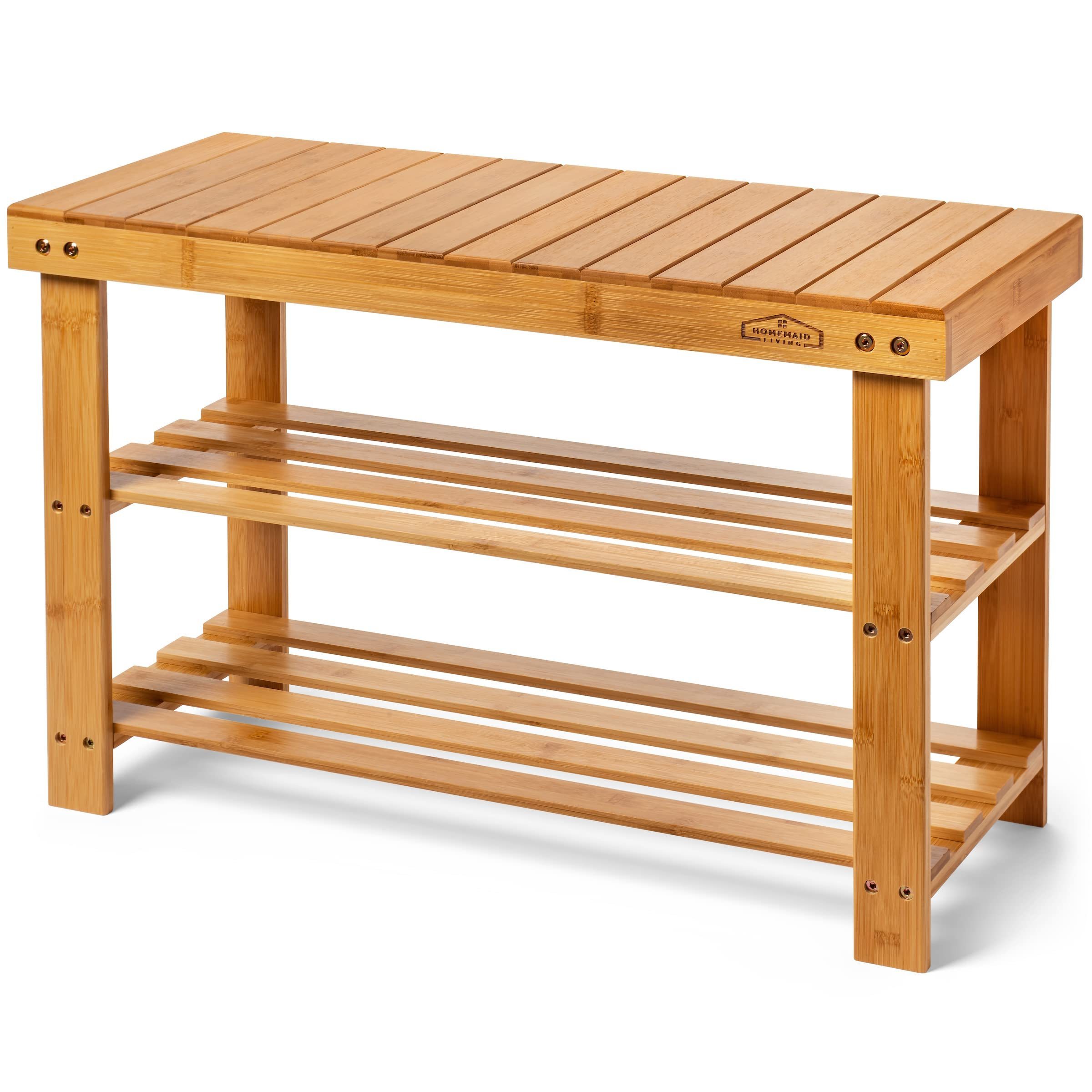 Bamboo 3 Tier Shoe Rack Small Bench, Outdoor Shoe Rack Weatherproof - Shoe Rack with Bench, Bathroom Bench