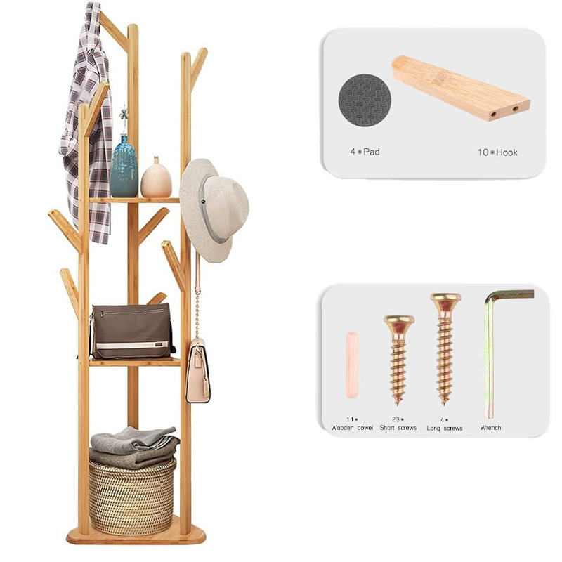 Bamboo Clothes Hanger Stand: Freestanding Cloth Rail Wooden Clothes Rack with 3 Tier shelves and 10 Hooks Entry Hall Tree