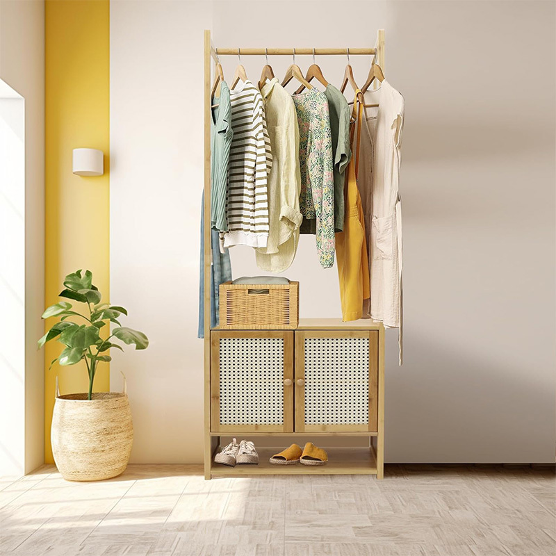 Bamboo Clothes Hanging Stand: Tall Bathroom Storage Cabinet Bamboo Storage Tall Slim Cabinet with Shutter Garment Rack