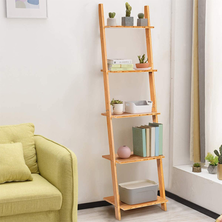 Modern Bamboo Ladder Shelf 5 Tier Bookcase Organizer Free Standing Wooden Plant Display Rack for Home Office