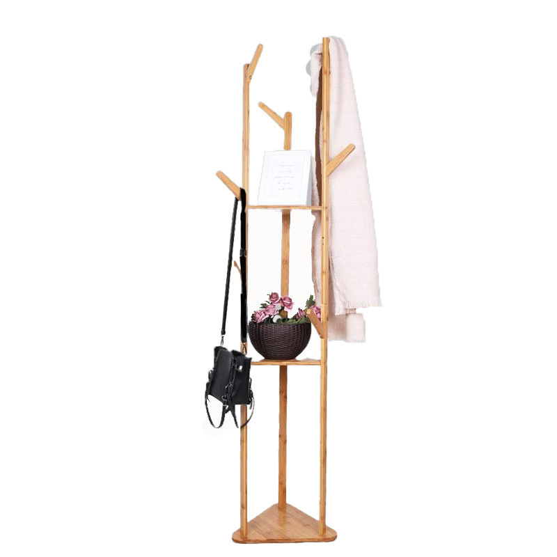 Bamboo Clothes Hanger Stand: Freestanding Cloth Rail Wooden Clothes Rack with 3 Tier shelves and 10 Hooks Entry Hall Tree