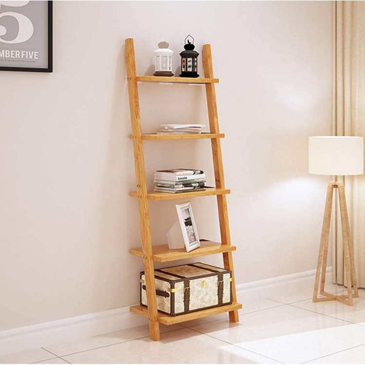 Modern Bamboo Ladder Shelf 5 Tier Bookcase Organizer Free Standing Wooden Plant Display Rack for Home Office