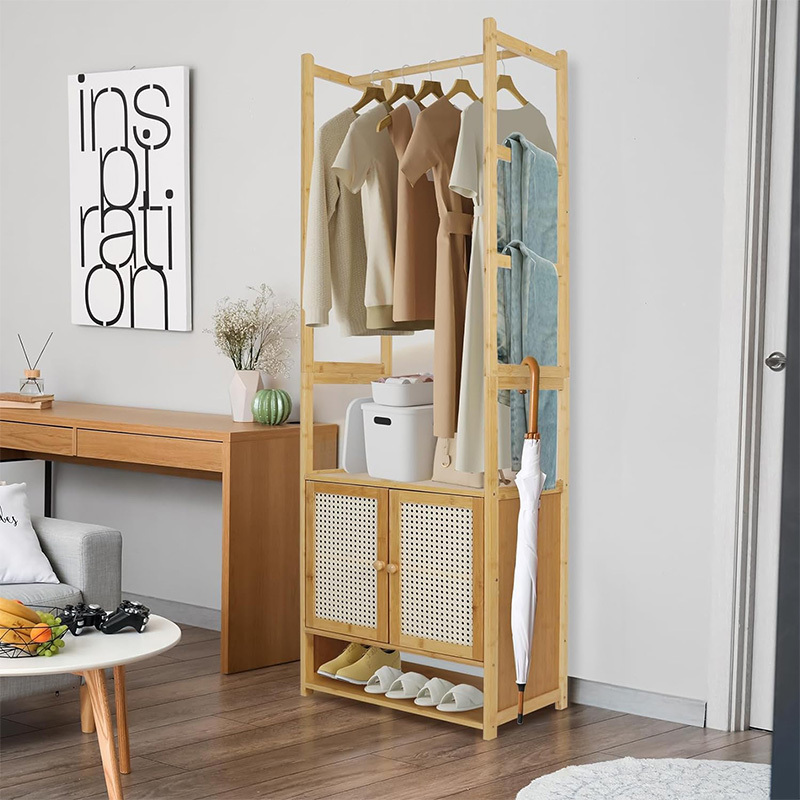 Bamboo Clothes Hanging Stand: Tall Bathroom Storage Cabinet Bamboo Storage Tall Slim Cabinet with Shutter Garment Rack