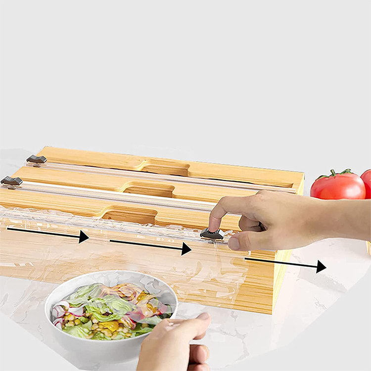 Custom Wall Mounted Bamboo Wooden Stretch Cling Wrap Dispenser Kitchen Drawer Ziplock Bag Storage Organizer Box with Cutter