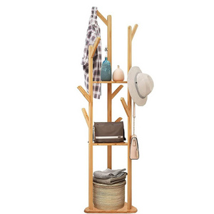 Bamboo Clothes Hanger Stand: Freestanding Cloth Rail Wooden Clothes Rack with 3 Tier shelves and 10 Hooks Entry Hall Tree