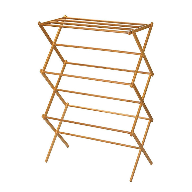 Wholesale Indoor Outdoor Bamboo Wooden Folding Clothes Hanger Dryer Stand Laundry Drying Rack