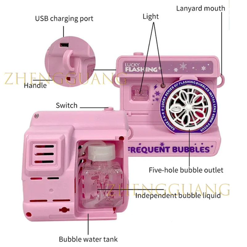 Zhengguang Toys Summer Outdoor Plastic Toys Battery Music Light Bubble Camera Automatic Bubble Machine Gun For Kids