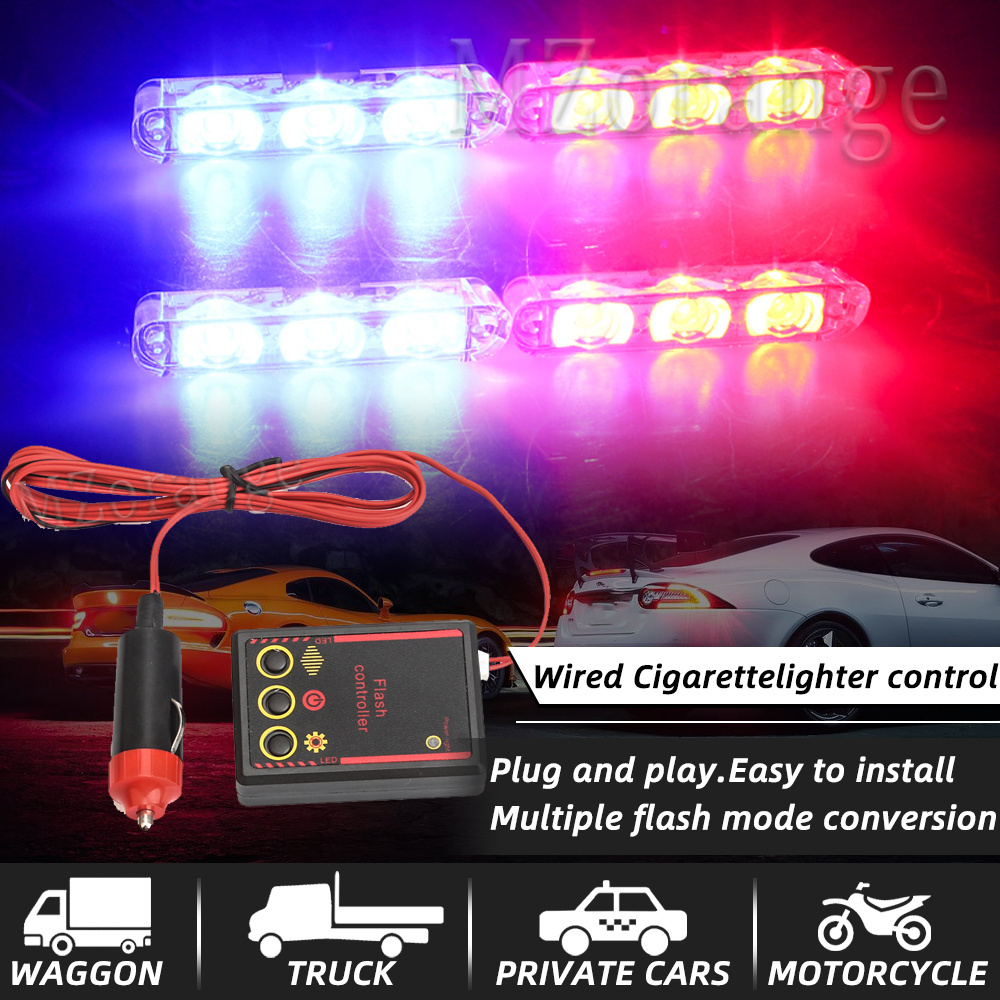 4*3 LED Strobe Lights For Car  Grill Warning Lamp 12V Car Motorcycle Flasher  Flashlight