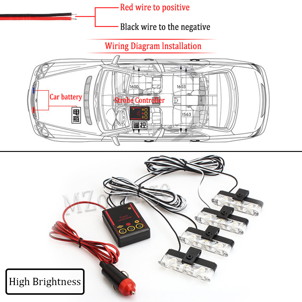 4*3 LED Strobe Lights For Car  Grill Warning Lamp 12V Car Motorcycle Flasher  Flashlight