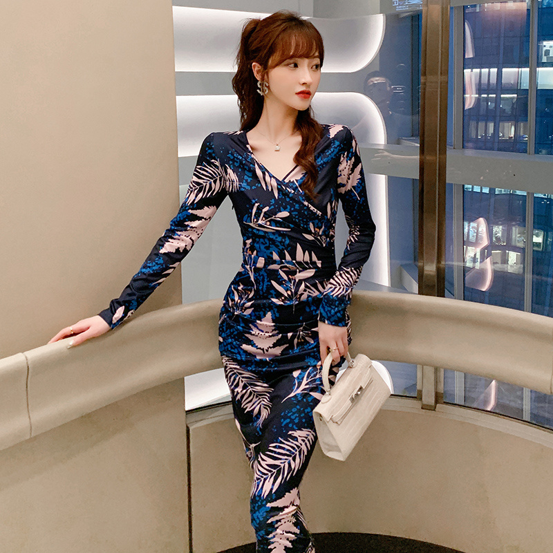 ZYHT 20181 Bangkok Wholesale Clothing Online Autumn Leaves Blue Printed Ladies Long Sleeves Dresses Women