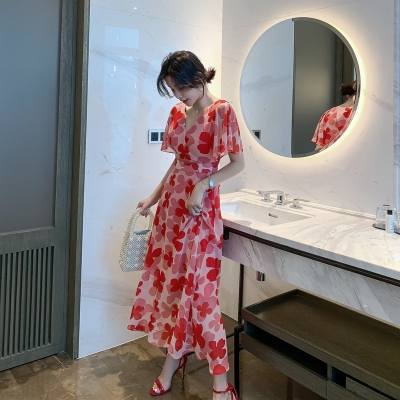 ZYHT 2022 Summer Woman Red High Waist Chiffon Dress Long Casual Floral Korean Dress