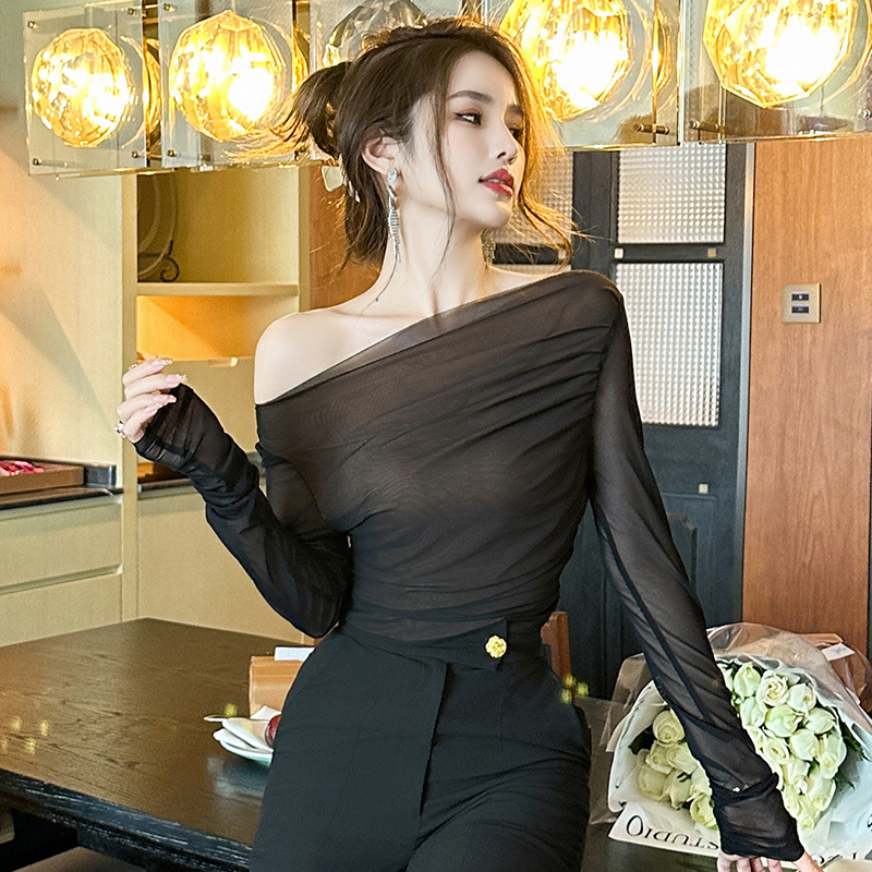 ZYHT 9464 Off the Shoulder Black Mesh Sexy Tight Tops Full Sleeve Elegant Ruched Casual Blouse for Women