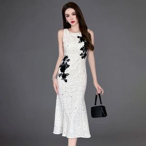 ZYHT 10605 Summer New Women Classy Embroidered Sequined Sheath Dress Floral Embellished Ladies Fishtail Dress