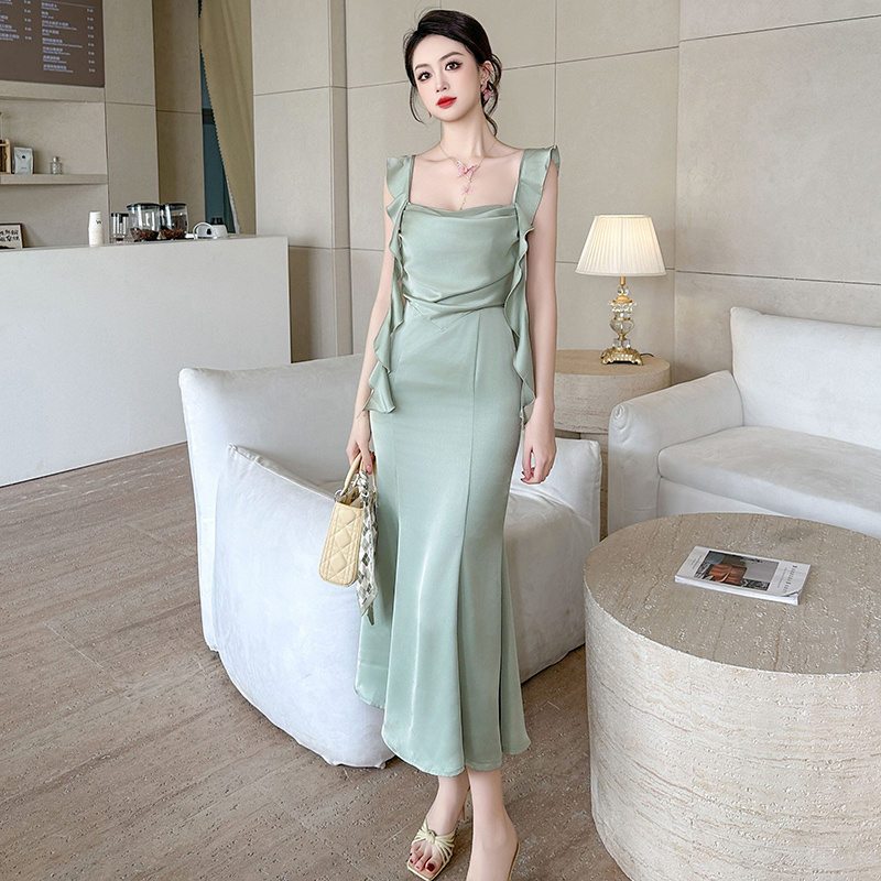 ZYHT 9657 Ladies Clothing Gala Long Maxi Sage Green Ruffle Corset Bridesmaid Prom Silk Satin Classy Evening Dresses for Women