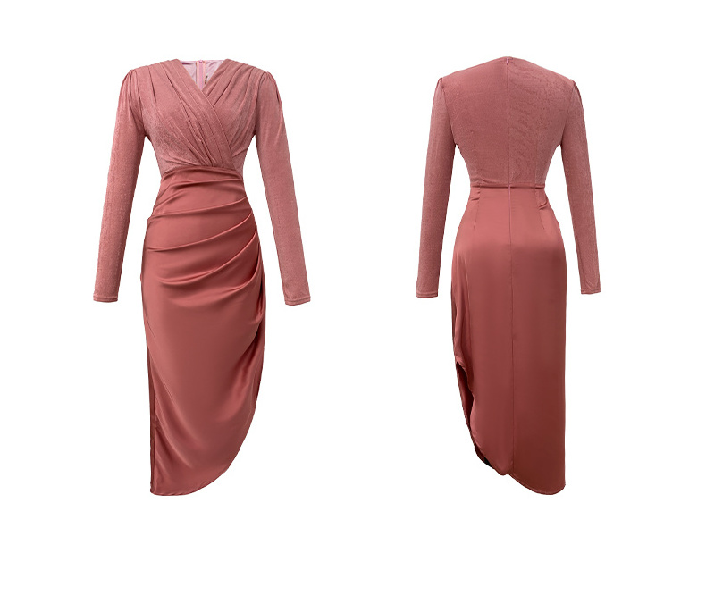 ZYHT 5949 High Quality Asymmetrical V Neck Patchwork Ruched Long Satin Pink Dresses Women