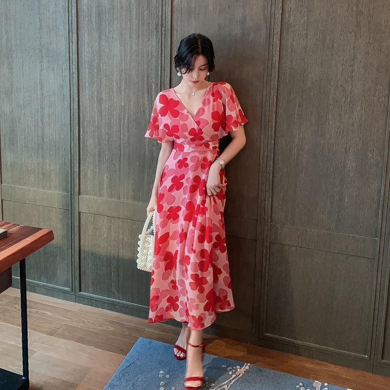 ZYHT 2022 Summer Woman Red High Waist Chiffon Dress Long Casual Floral Korean Dress