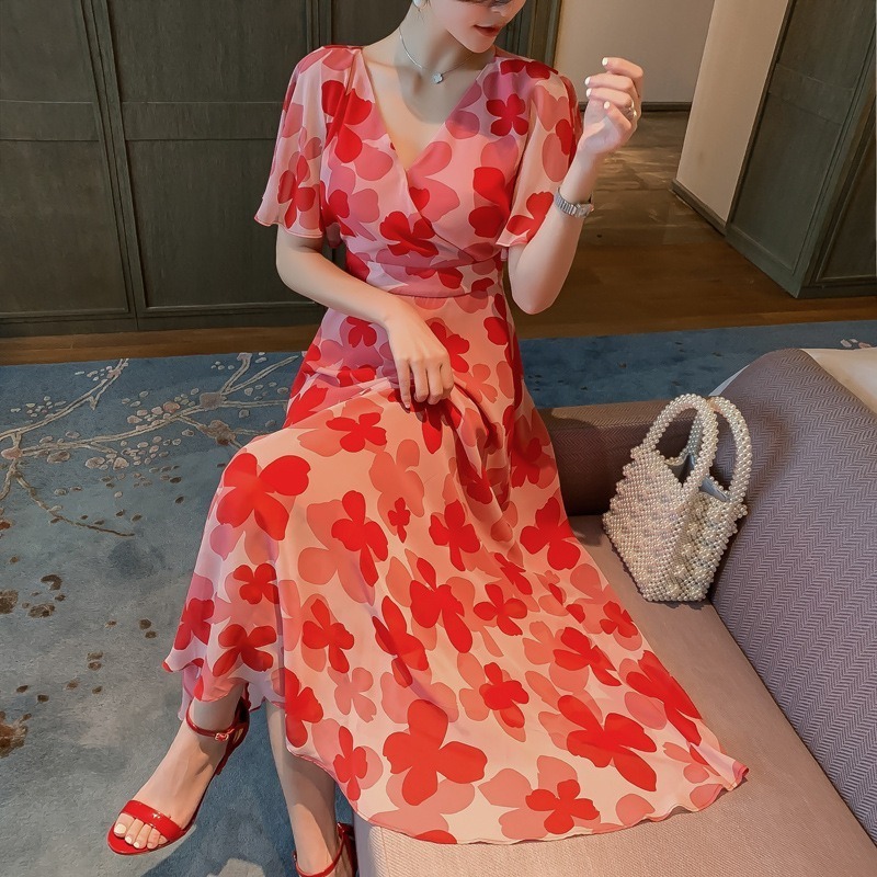 ZYHT 2022 Summer Woman Red High Waist Chiffon Dress Long Casual Floral Korean Dress