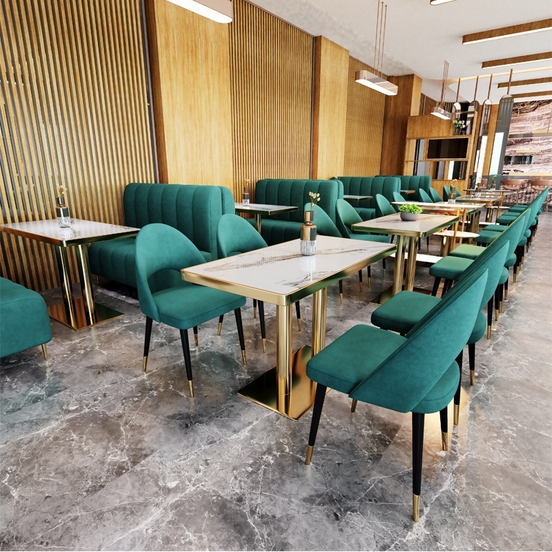 Factory price customization indoor elegant bench seating fabric velvet restaurant tables and chairs with grill hot pot table