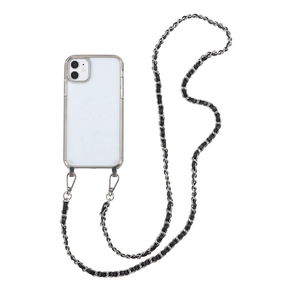 Hard Acrylic Cell Phone Covers For Iphone 13 pro max X 14 12 pro Necklace Crossbody Phone Case With Stainless Steel Chain