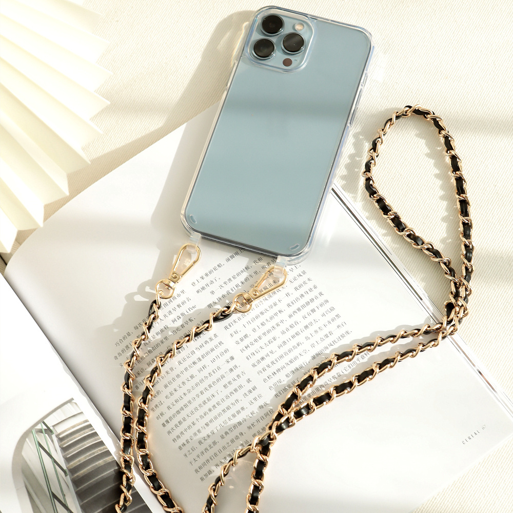 Hard Acrylic Cell Phone Covers For Iphone 13 pro max X 14 12 pro Necklace Crossbody Phone Case With Stainless Steel Chain