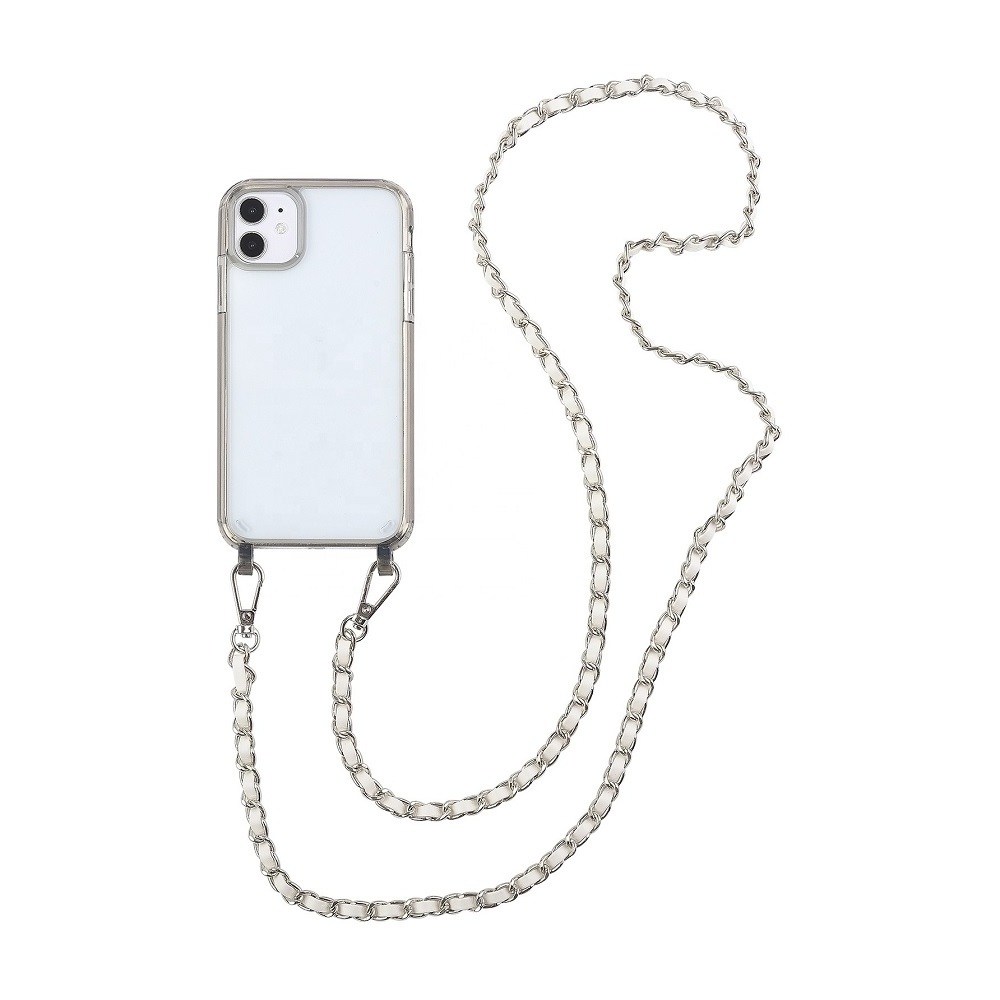 Hard Acrylic Cell Phone Covers For Iphone 13 pro max X 14 12 pro Necklace Crossbody Phone Case With Stainless Steel Chain