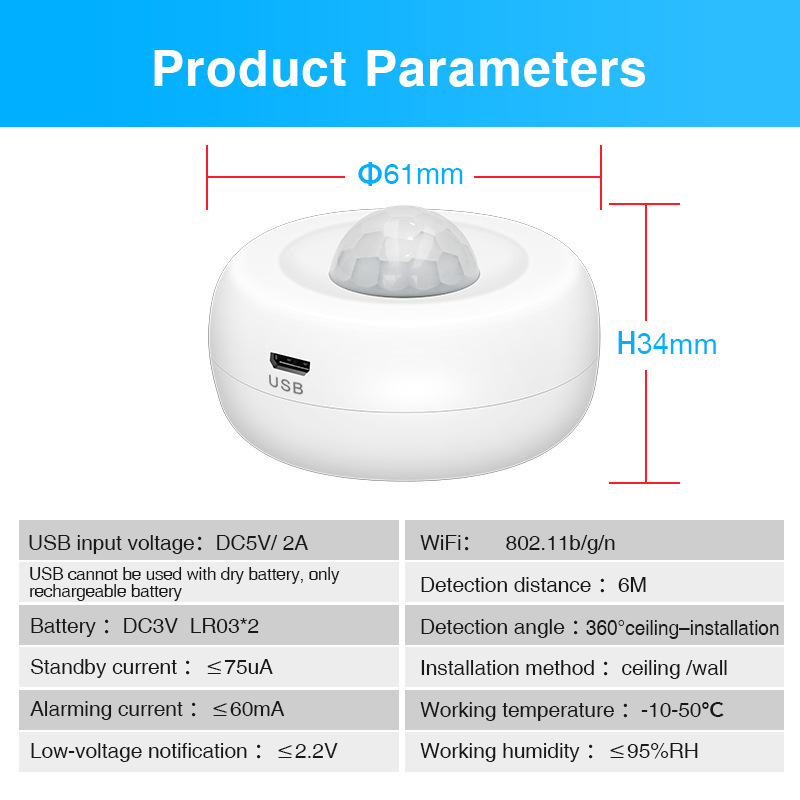 WIFI Tuya PIR Motion Detector/Passive Infrared Motion Sensor 360 Degree Detecting Home Alarm System