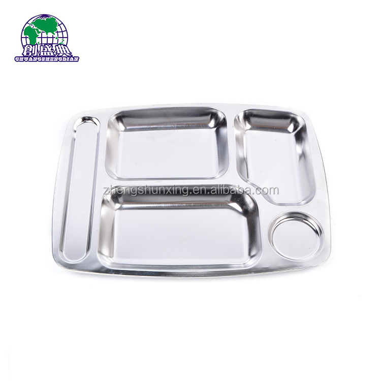 School Use Rectangle Stainless Steel 4 Compartment Divided Dinner Plates