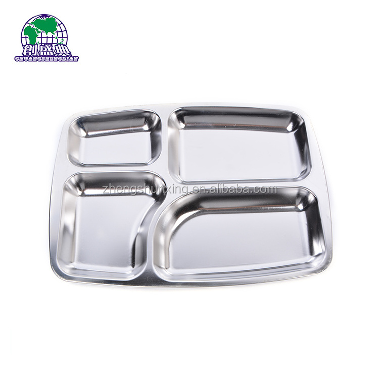 School Use Rectangle Stainless Steel 4 Compartment Divided Dinner Plates