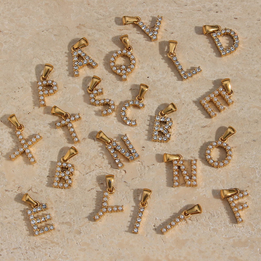 Zircon & Imitation Pearl Initial Letter Charms Stainless Steel Jewelry Gold Plated Earring Charm Jewelry Making Supplies