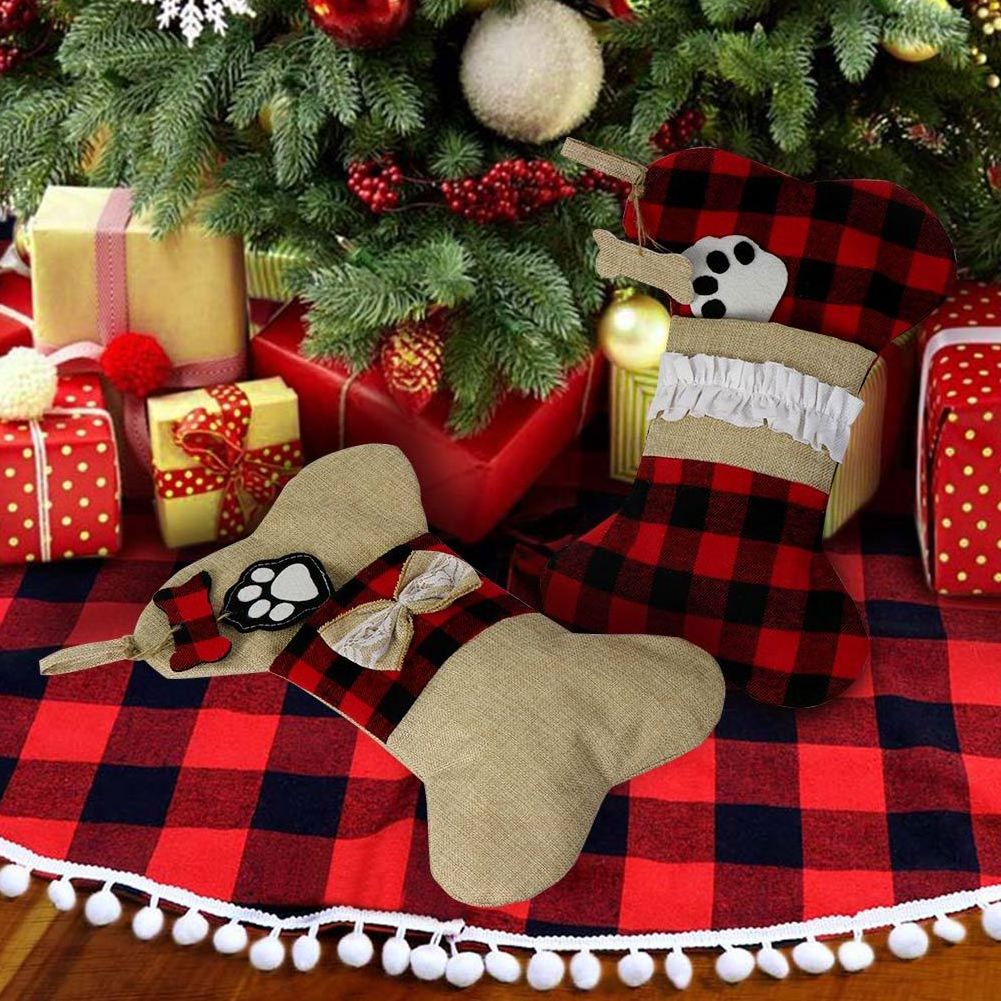 Custom Buffalo Plaid Dog Pet Bone Jute Christmas Stocking for Holiday Decorations and Holiday Cheer!