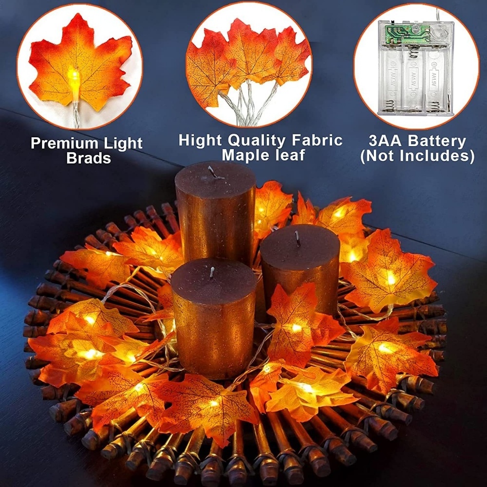 Fall Harvest Maple Leaves String Light Waterproof Thanksgiving Seasonal Battery Powered Lighted Fireplace Decorations