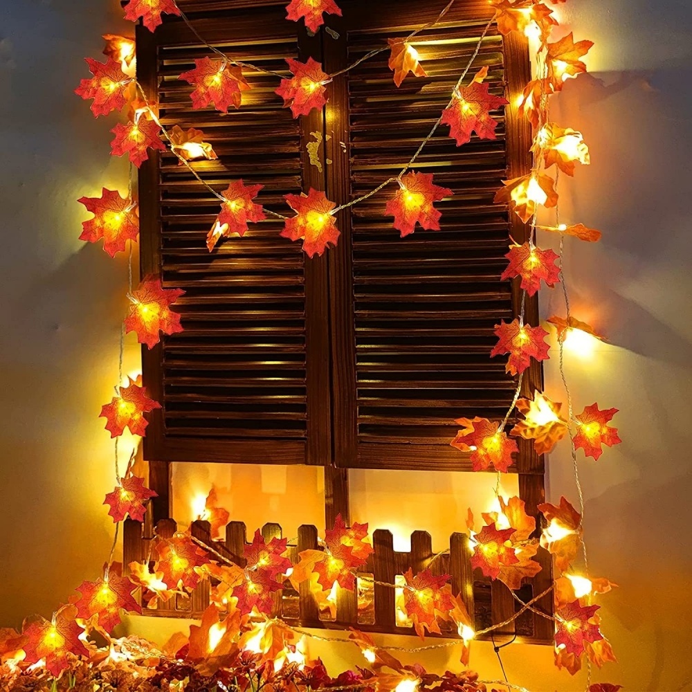 Fall Harvest Maple Leaves String Light Waterproof Thanksgiving Seasonal Battery Powered Lighted Fireplace Decorations