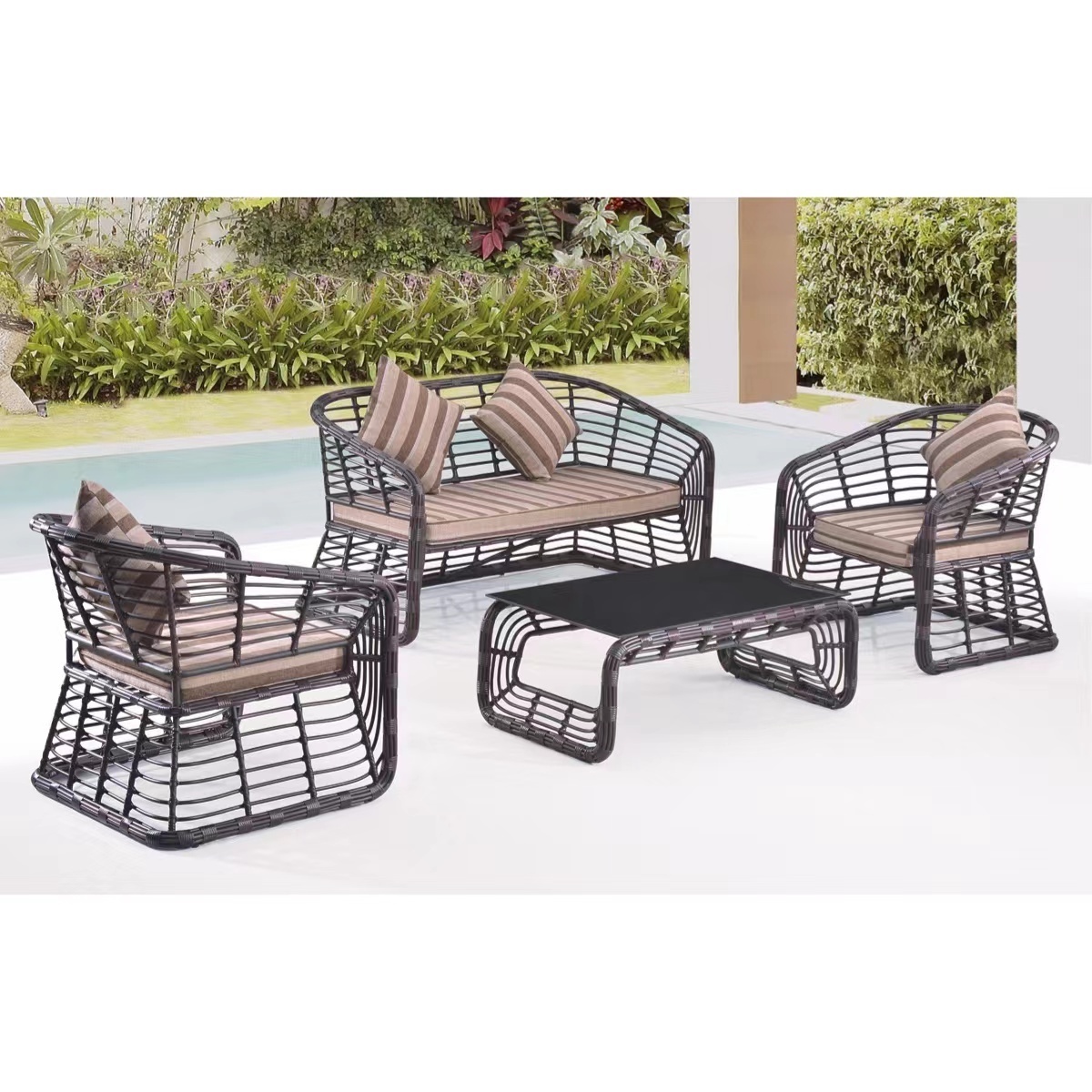 Rattan Patio PE Wicker Furniture Set 4 Pieces Outdoor Black Rattan Conversation Seat Couch Sofa Chair Set