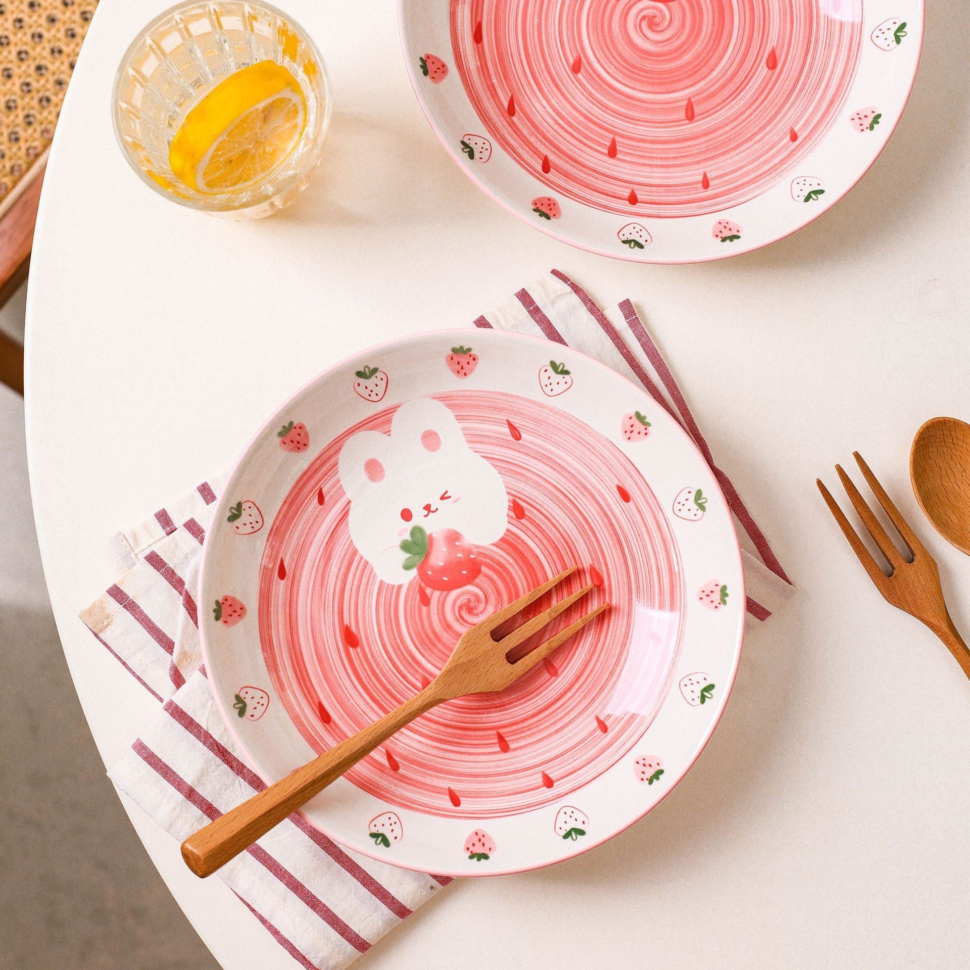 Cute Things Creative Cartoon Tableware Pink Dinner Plate Strawberry Rabbit Bunny Ceramic Bowl Plate Set