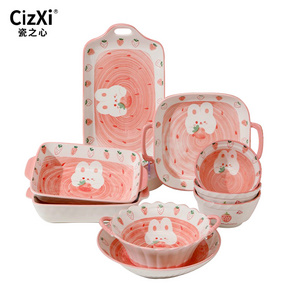 Cute Things Creative Cartoon Tableware Pink Dinner Plate Strawberry Rabbit Bunny Ceramic Bowl Plate Set